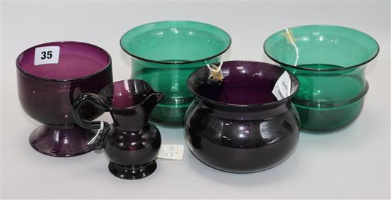 Four assorted Victorian coloured glass finger bowls and a jug	